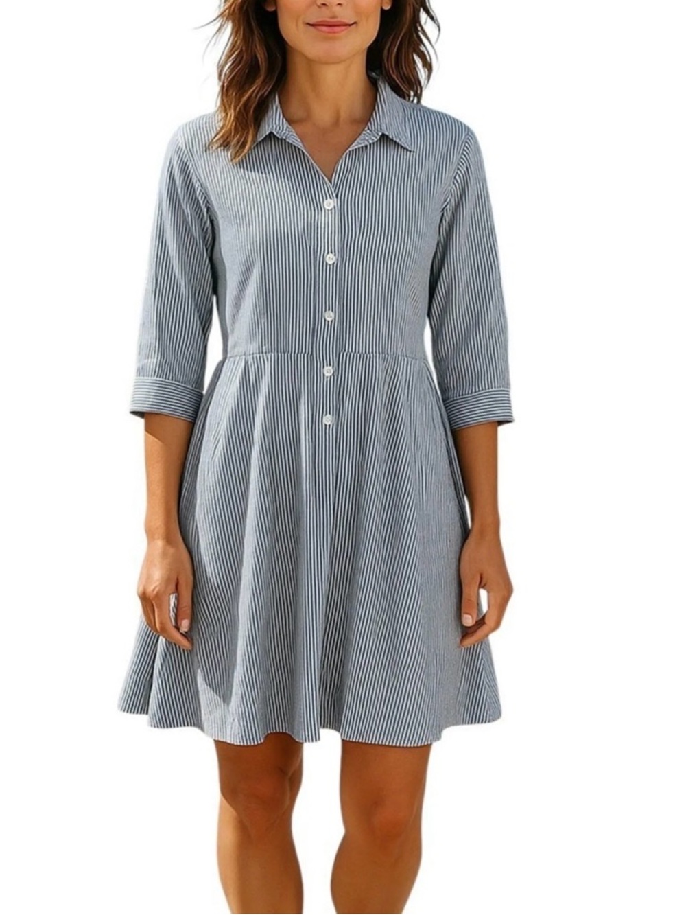 NWT Ann Taylor Striped Dropwaist Cotton Shirt Dress Blue White 3/4 Sleeves